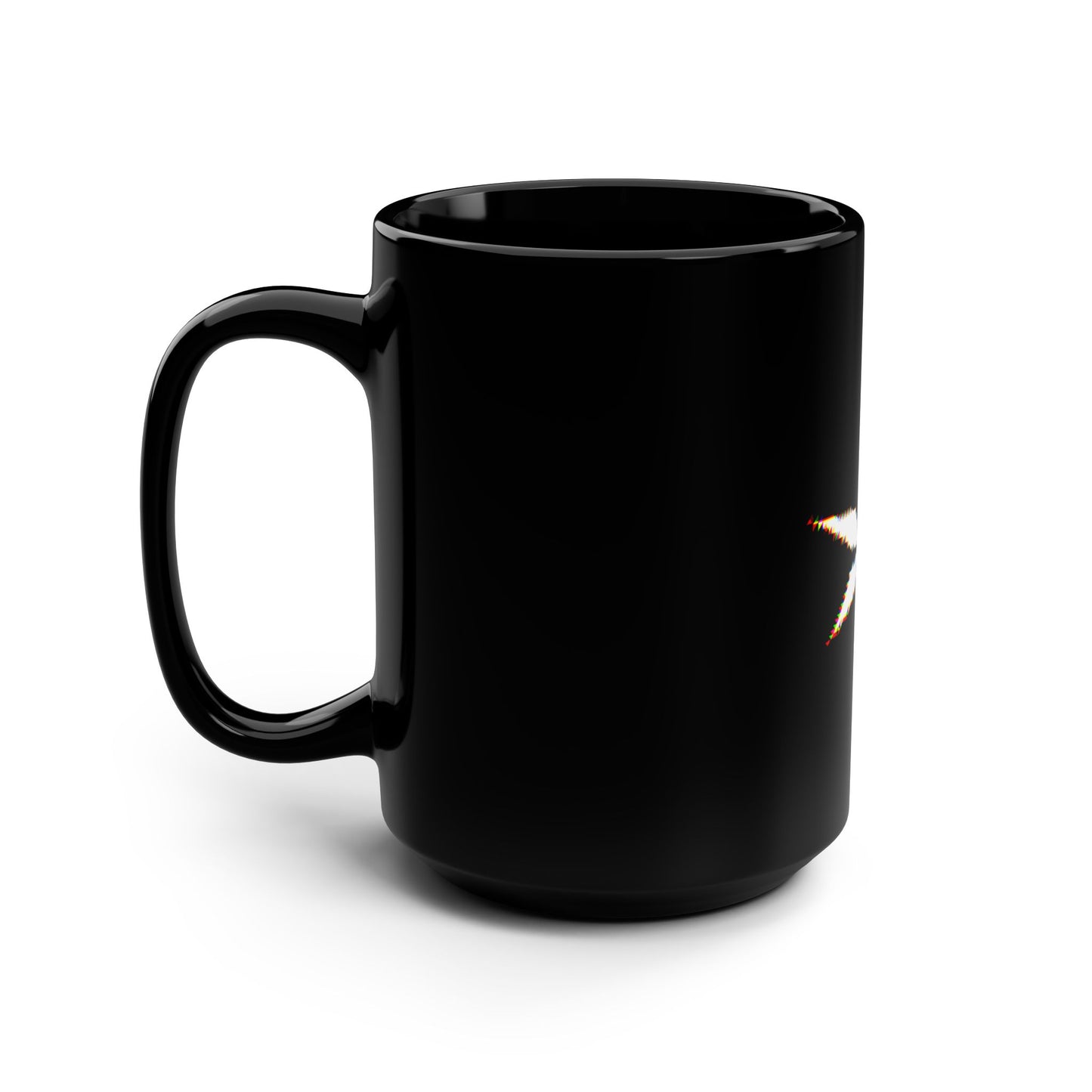 Black Ceramic Mug — Glitch Star Leaf Graphic, 15oz Coffee Cup