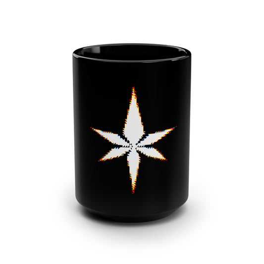 Black Ceramic Mug — Glitch Star Leaf Graphic, 15oz Coffee Cup